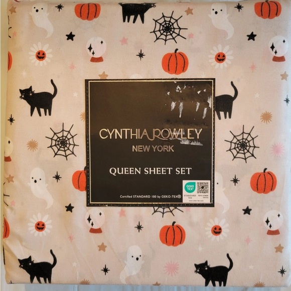 Cynthia Rowley 4pc Halloween Queen Sheet Set Cats Pumpkins Ghosts Fitted Flat - Picture 1 of 9